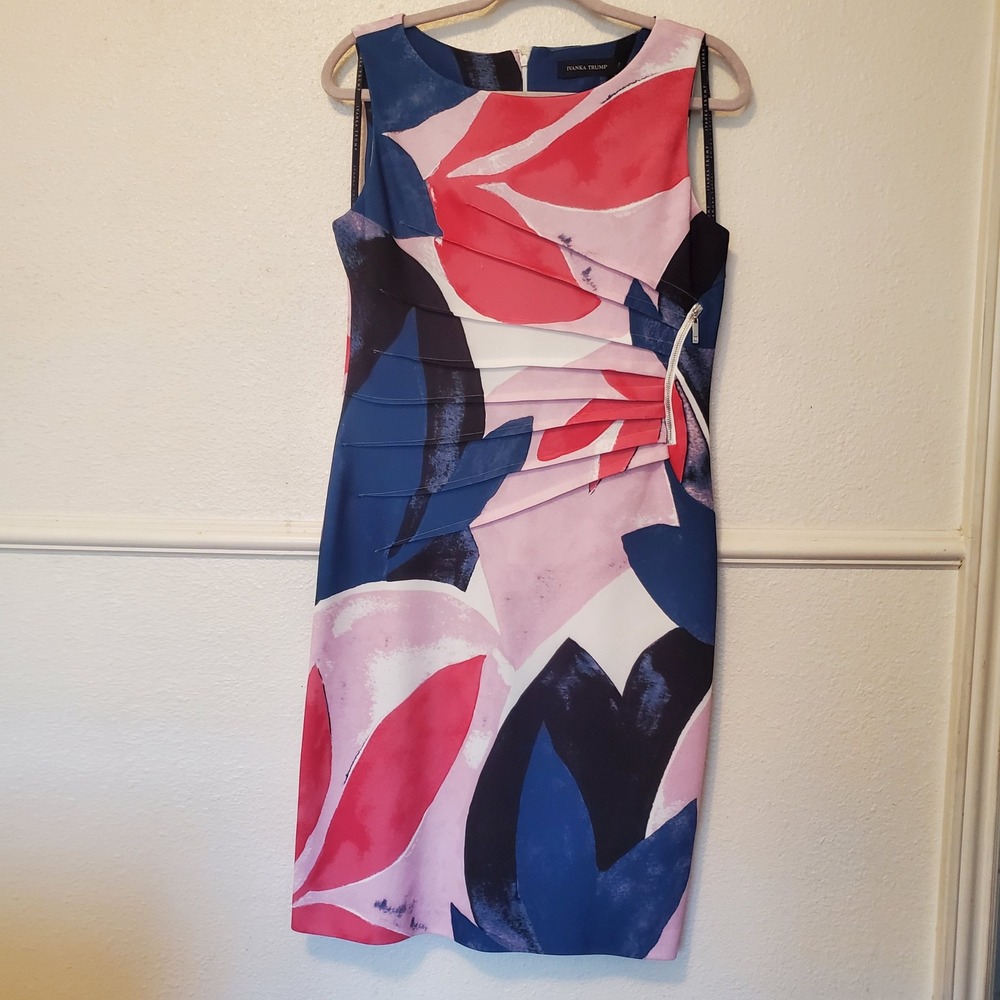 Ivanka Trump Pink Navy Floral Pleated Sheath Dress with Side Zipper Detail